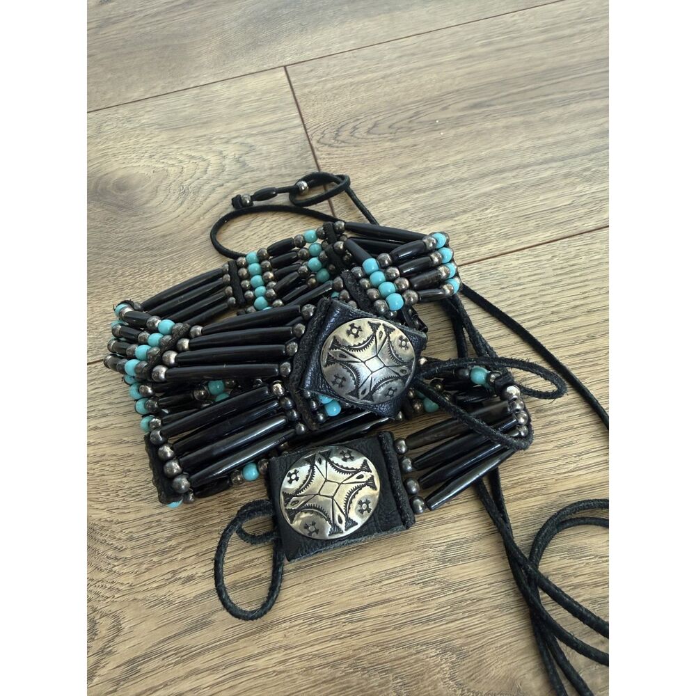 VINTAGE black leather beaded native silver turquoise belt Southwestern native - Picture 2 of 5